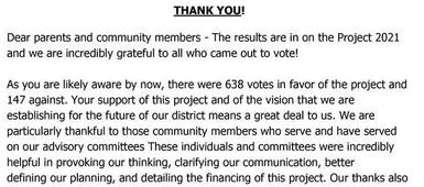 Letter from the District: Project 2021 Thank You!